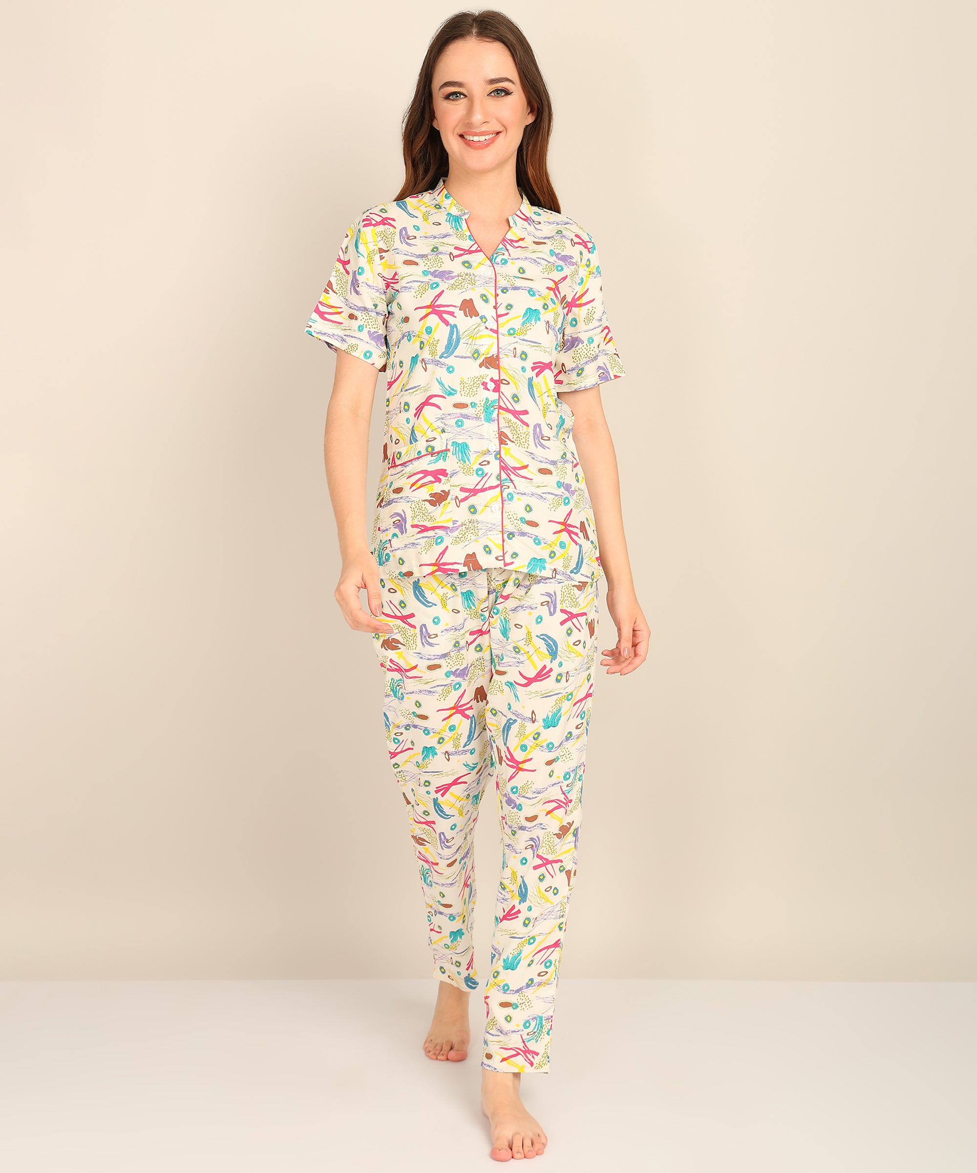 Half Sleeves Round Neck Off White Printed Women Night Suit