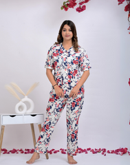 Off White Floral Printed Button Down Shirt & Pyjama Set For Women - Viscose