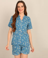 Half Sleeves Shirt & Short Set In Blue Color - Viscose