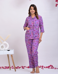 Purple Floral Button Down Shirt & Pyjama Set For Women - Viscose