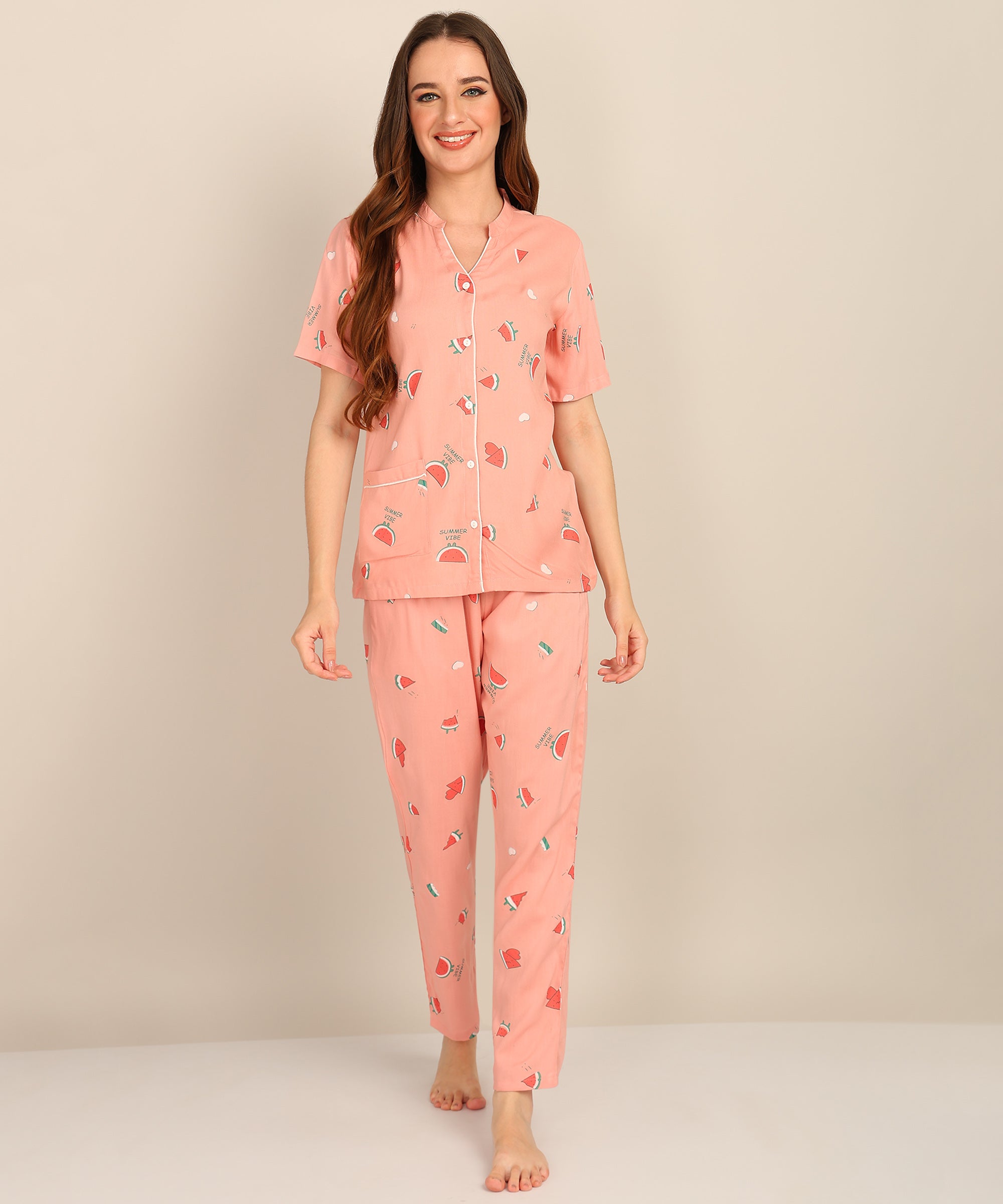 Peach Printed Button Down Shirt & Pyjama Set For Women - Viscose