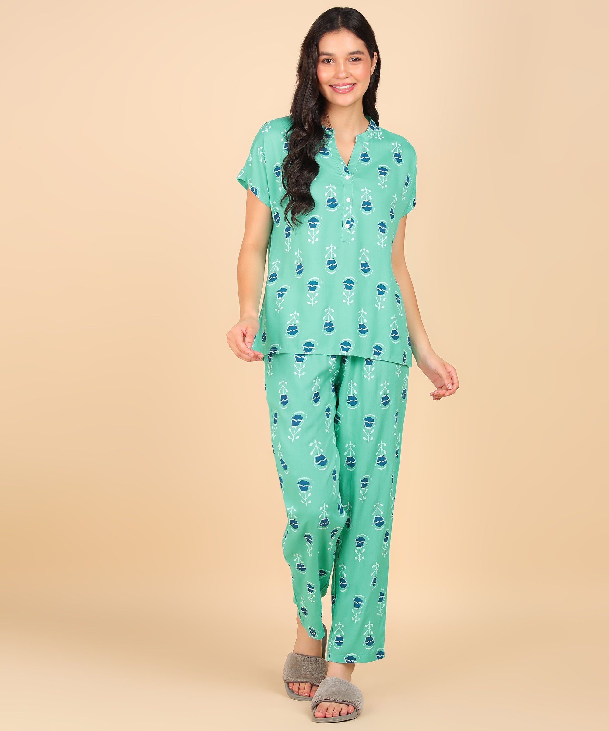 Blue Floral Pattern Button Down Top & Pyjama Set For Women - Viscose