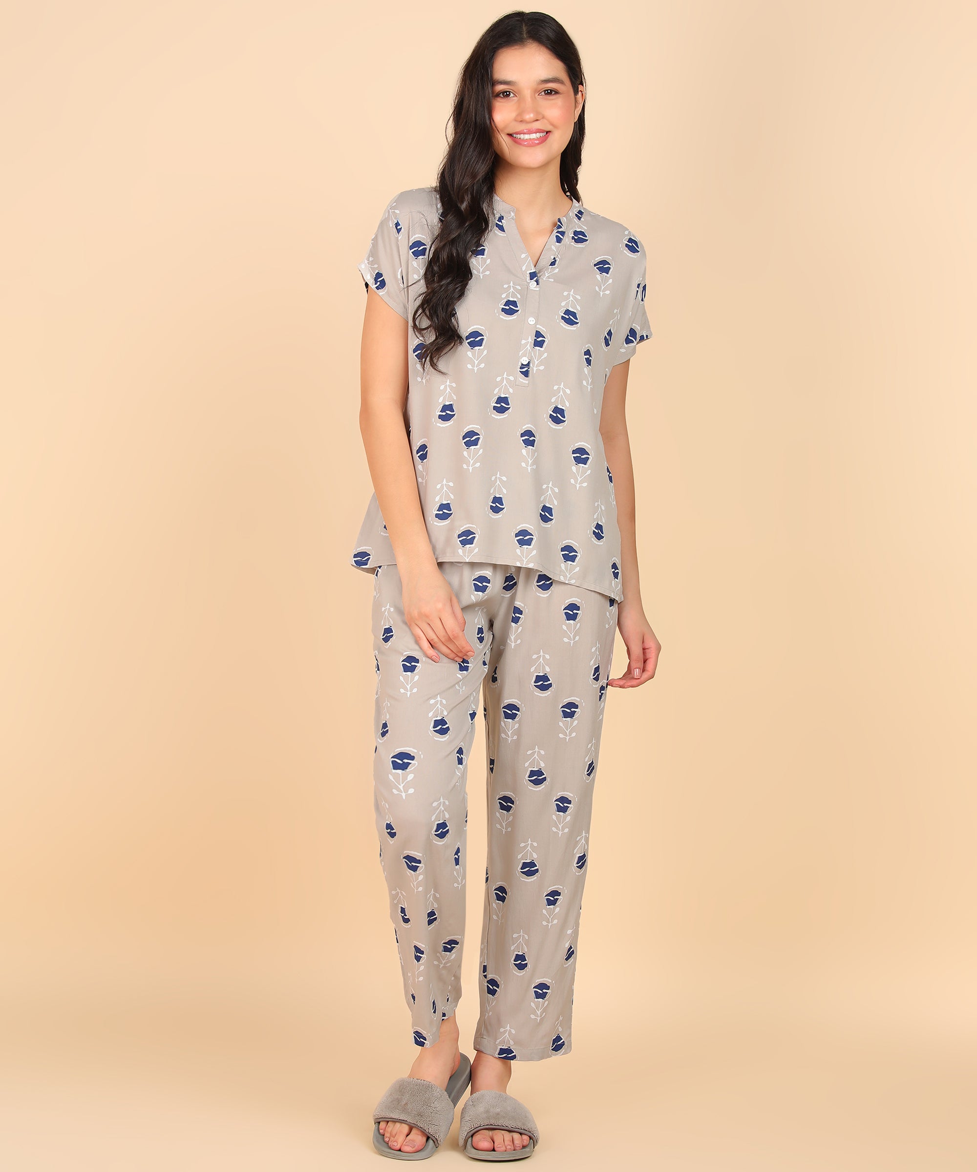 Grey Floral Pattern Button Down Top & Pyjama Set For Women - Viscose