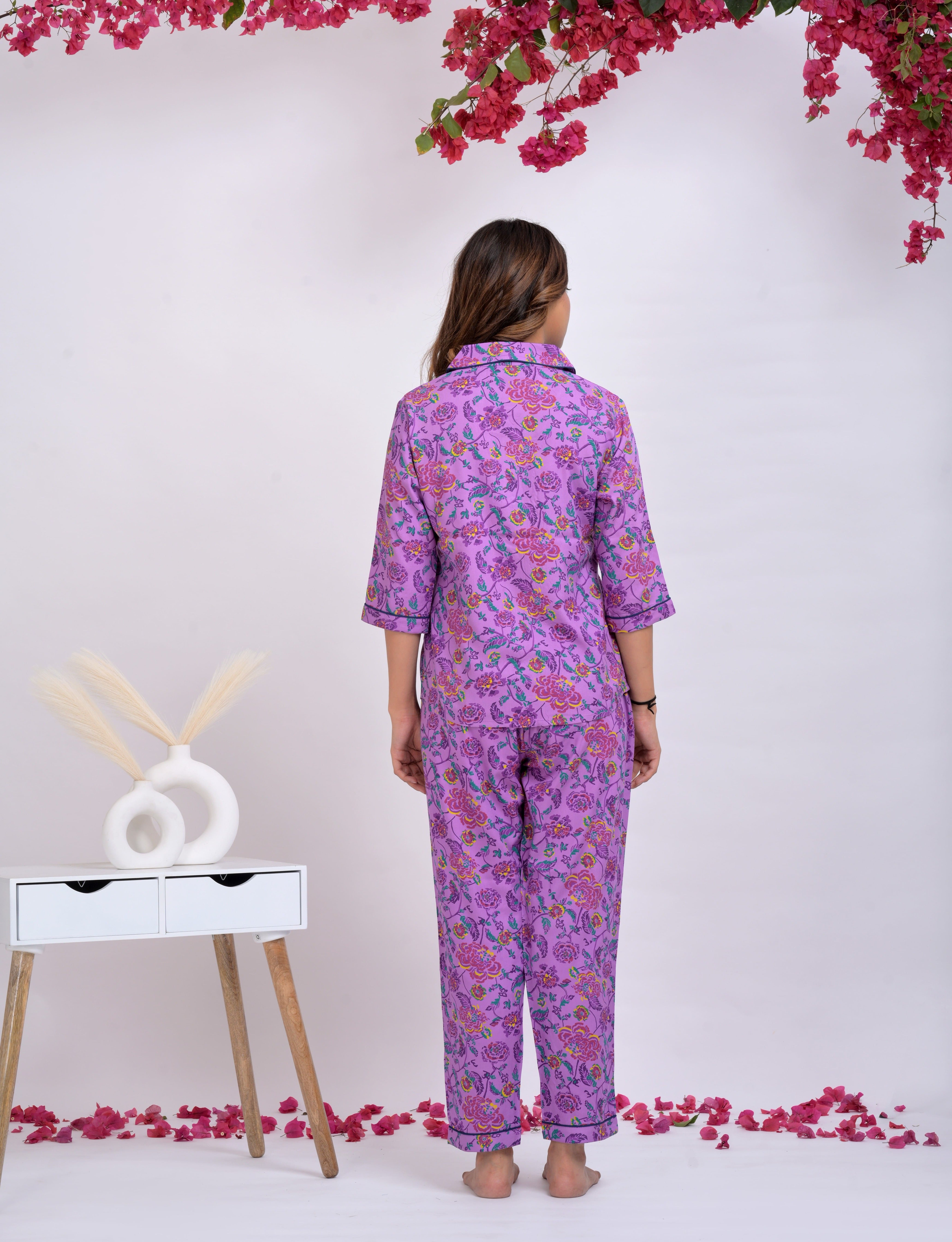 Purple Floral Button Down Shirt & Pyjama Set For Women - Viscose