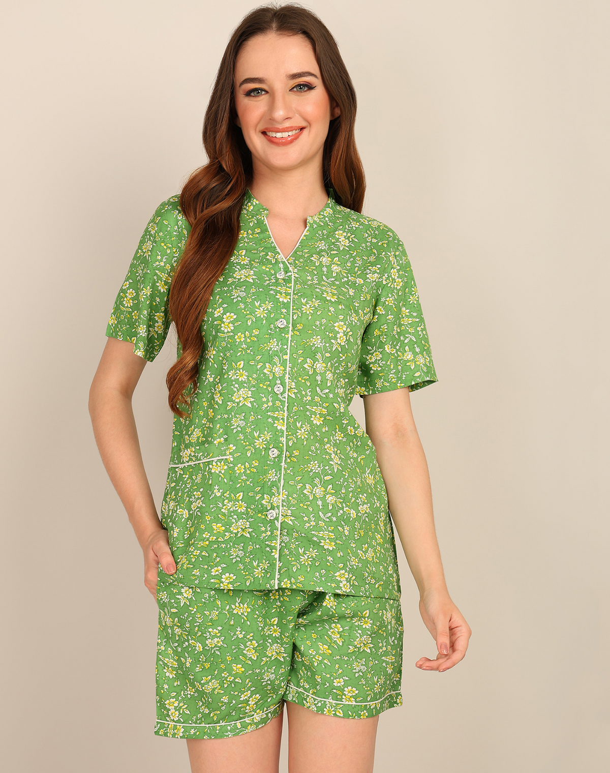 Half Sleeves Shirt & Short Set In Green Color - Viscose