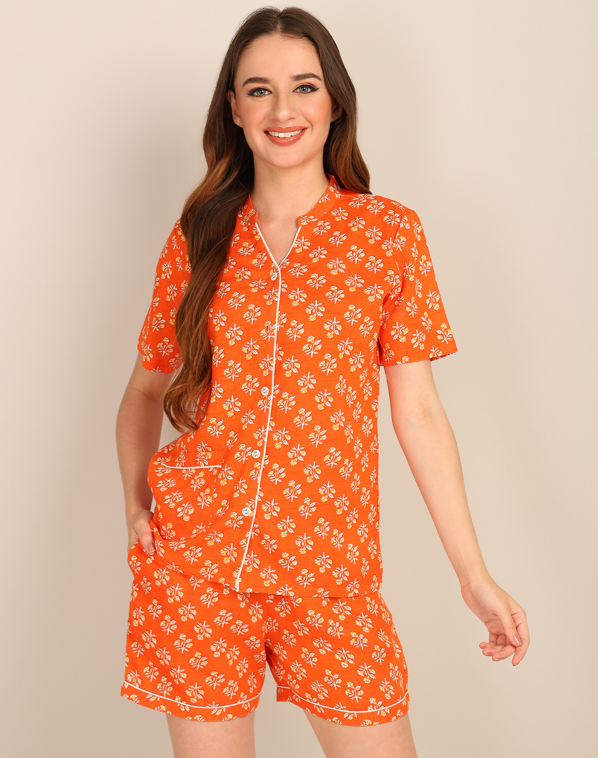 Half Sleeves Shirt & Short Set In Orange Color - Viscose