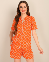 Half Sleeves Shirt & Short Set In Orange Color - Viscose