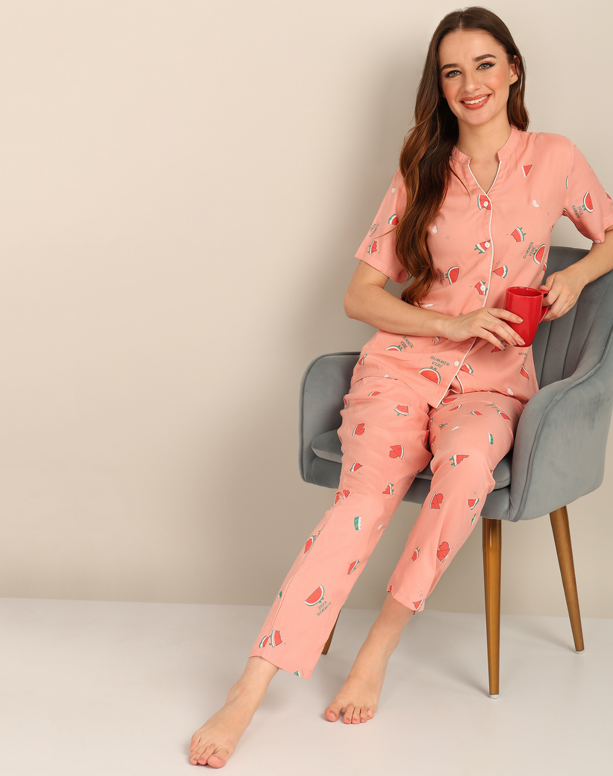 Peach Printed Button Down Shirt & Pyjama Set For Women - Viscose