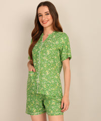 Half Sleeves Shirt & Short Set In Green Color - Viscose