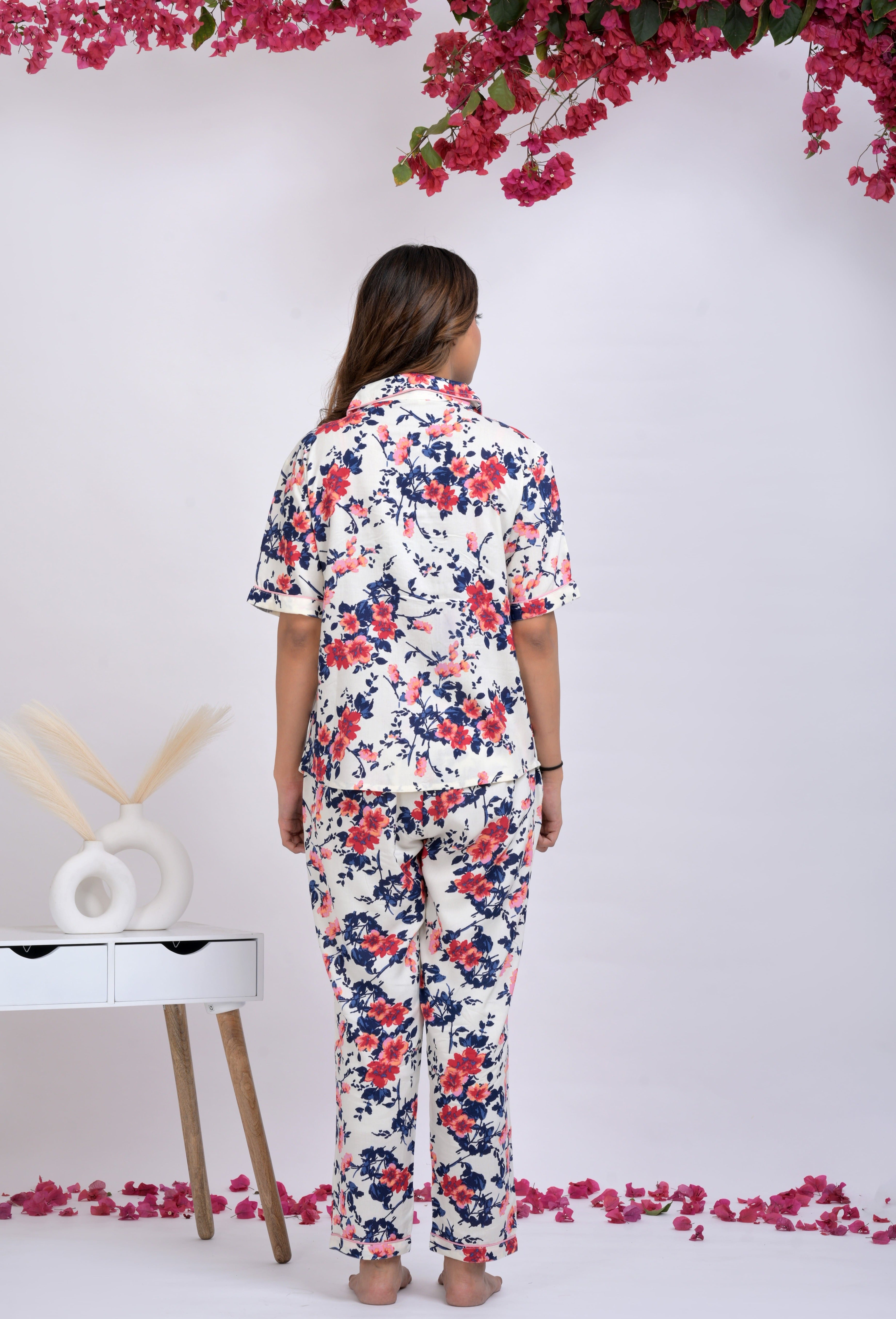 Off White Floral Printed Button Down Shirt & Pyjama Set For Women - Viscose