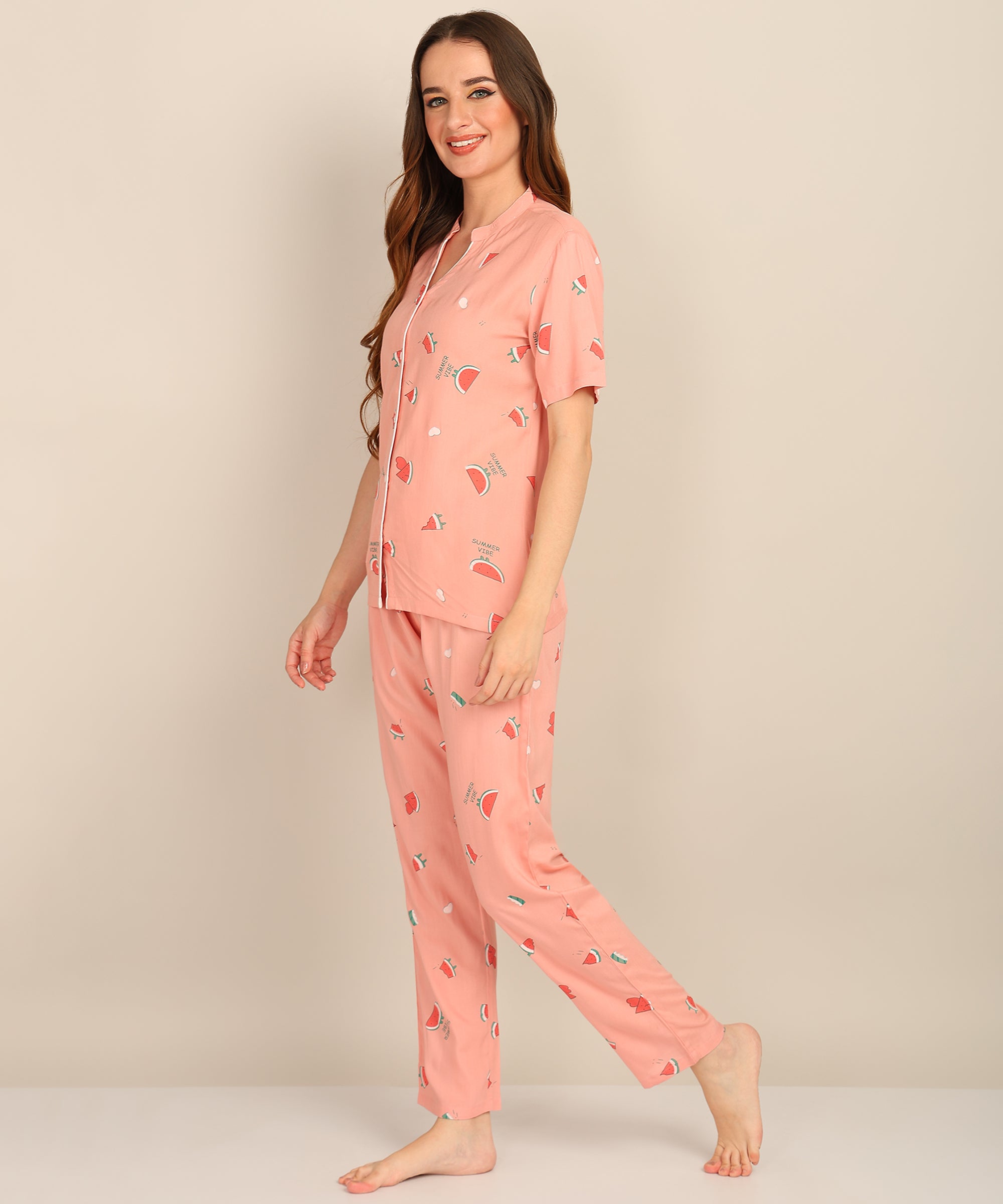 Peach Printed Button Down Shirt & Pyjama Set For Women - Viscose