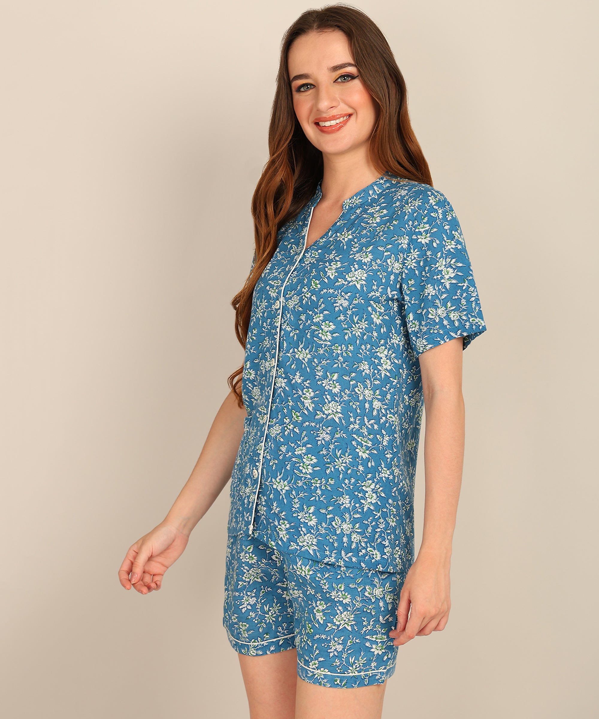 Half Sleeves Shirt & Short Set In Blue Color - Viscose