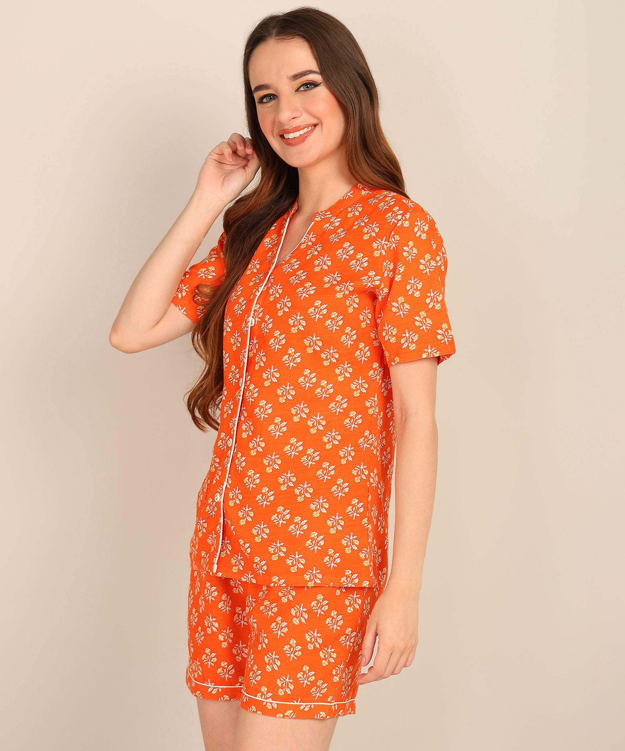 Half Sleeves Shirt & Short Set In Orange Color - Viscose