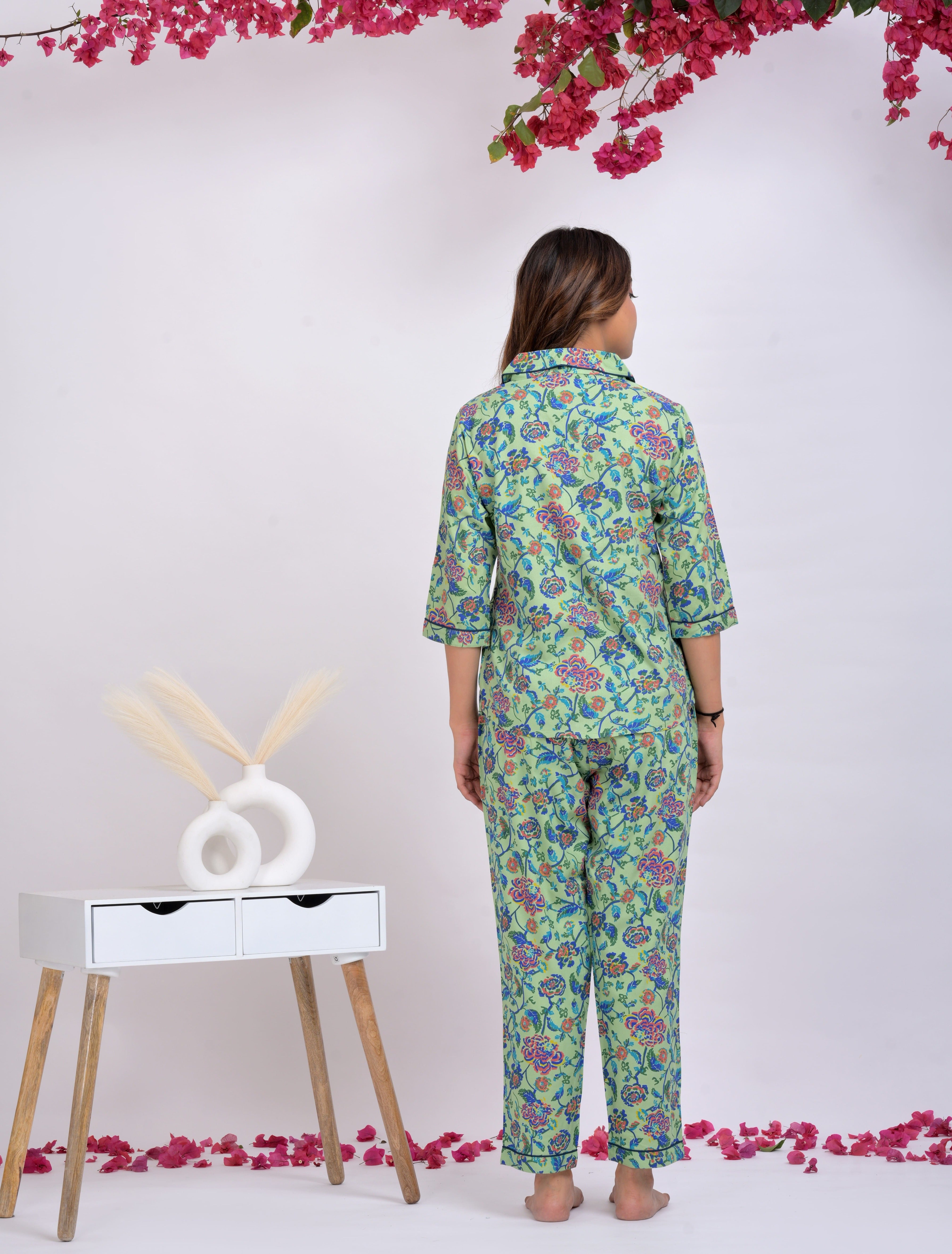 Green Floral Button Down Shirt & Pyjama Set For Women - Viscose