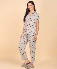 Grey Floral Pattern Button Down Top & Pyjama Set For Women - Viscose