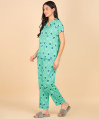 Blue Floral Pattern Button Down Top & Pyjama Set For Women - Viscose