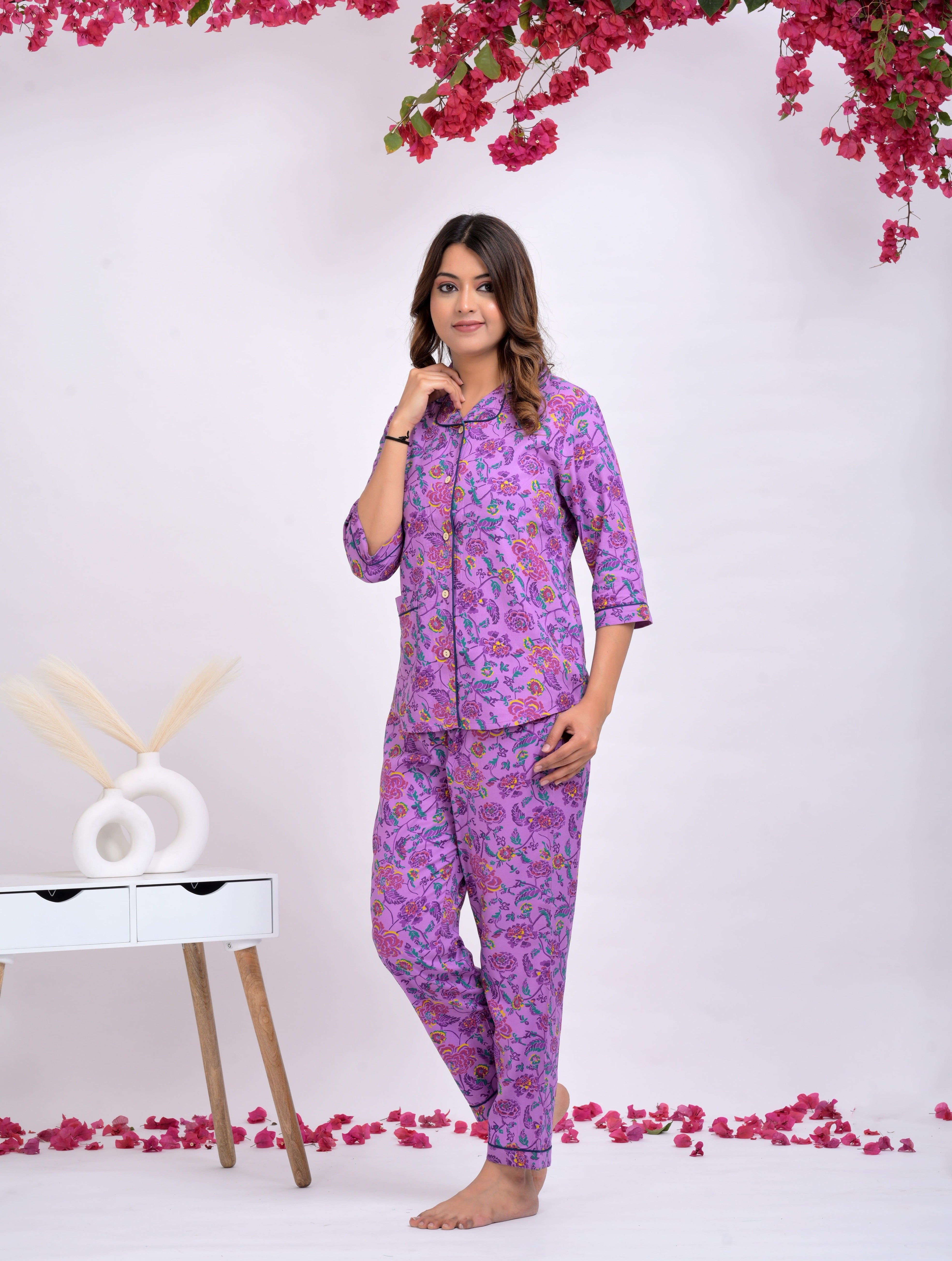 Purple Floral Button Down Shirt & Pyjama Set For Women - Viscose