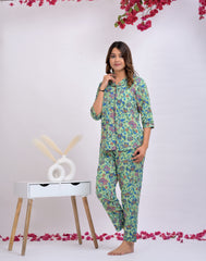 Green Floral Button Down Shirt & Pyjama Set For Women - Viscose