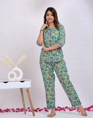 Green Floral Button Down Shirt & Pyjama Set For Women - Viscose