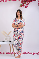 Off White Floral Printed Button Down Shirt & Pyjama Set For Women - Viscose