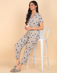 Grey Floral Pattern Button Down Top & Pyjama Set For Women - Viscose