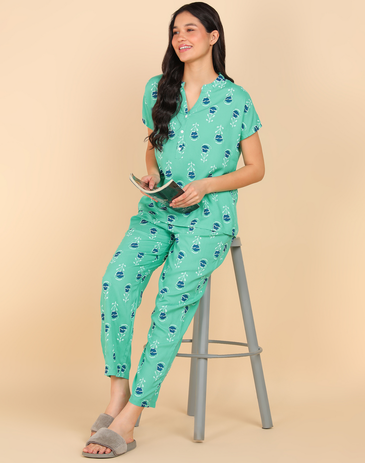 Blue Floral Pattern Button Down Top & Pyjama Set For Women - Viscose