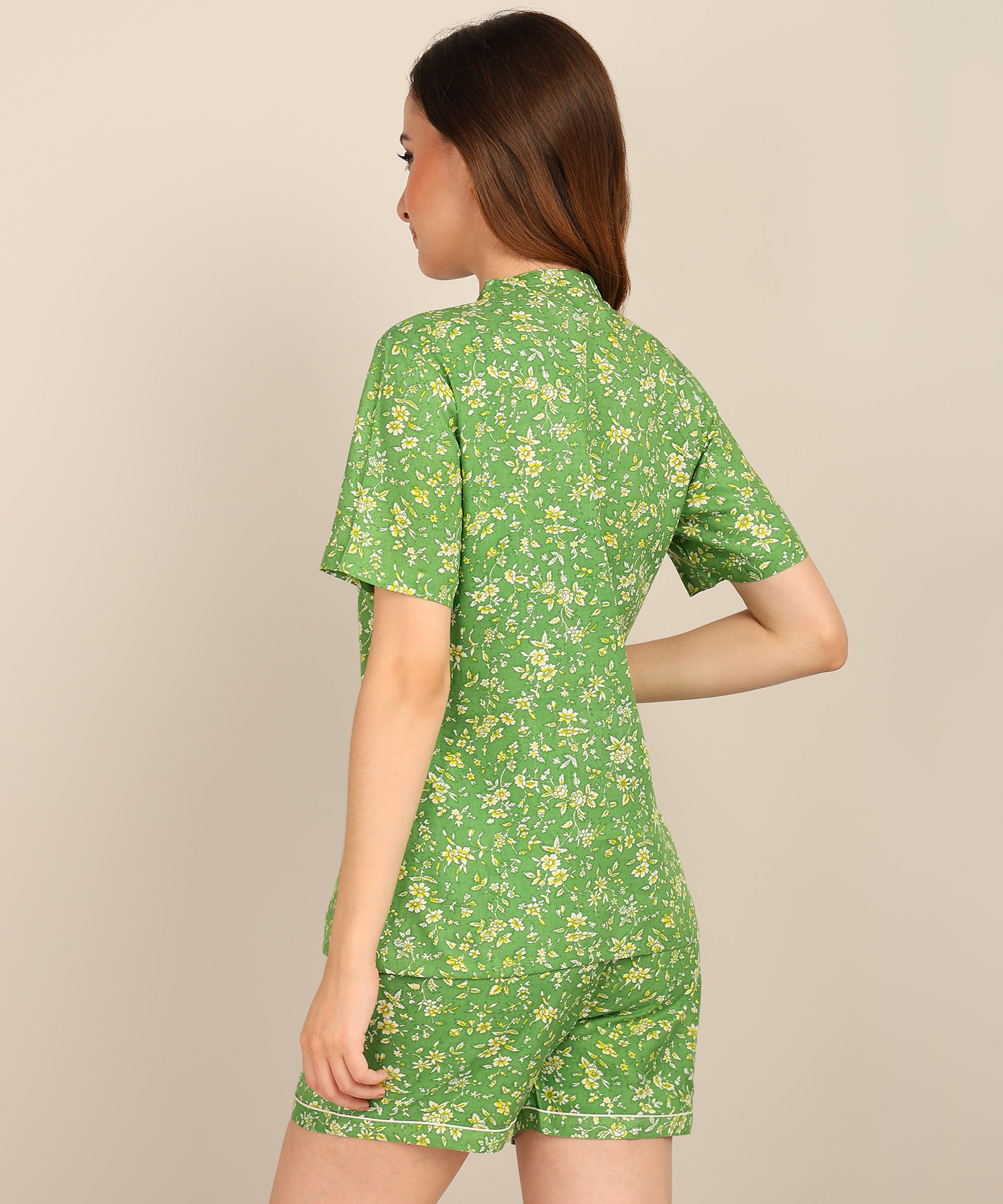 Half Sleeves Shirt & Short Set In Green Color - Viscose