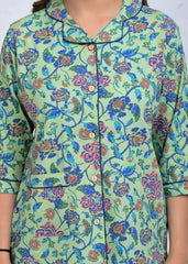 Green Floral Button Down Shirt & Pyjama Set For Women - Viscose