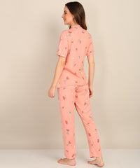 Peach Printed Button Down Shirt & Pyjama Set For Women - Viscose