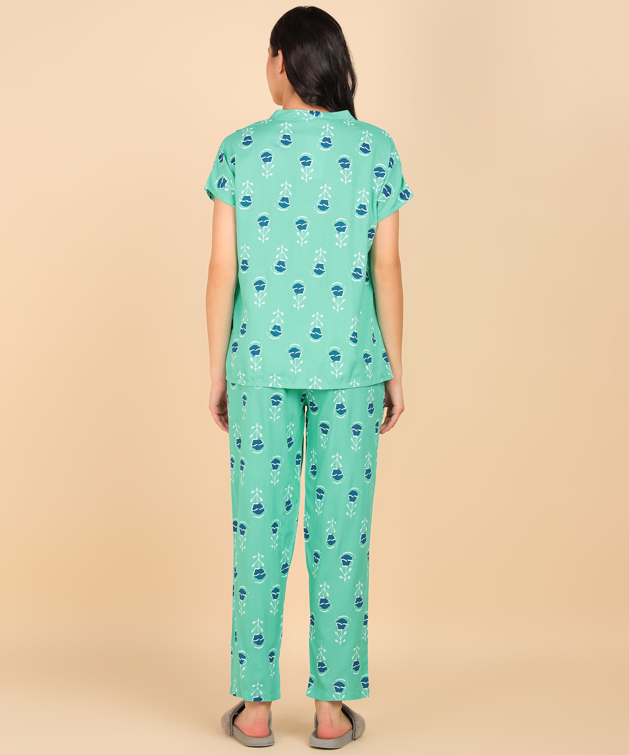 Blue Floral Pattern Button Down Top & Pyjama Set For Women - Viscose