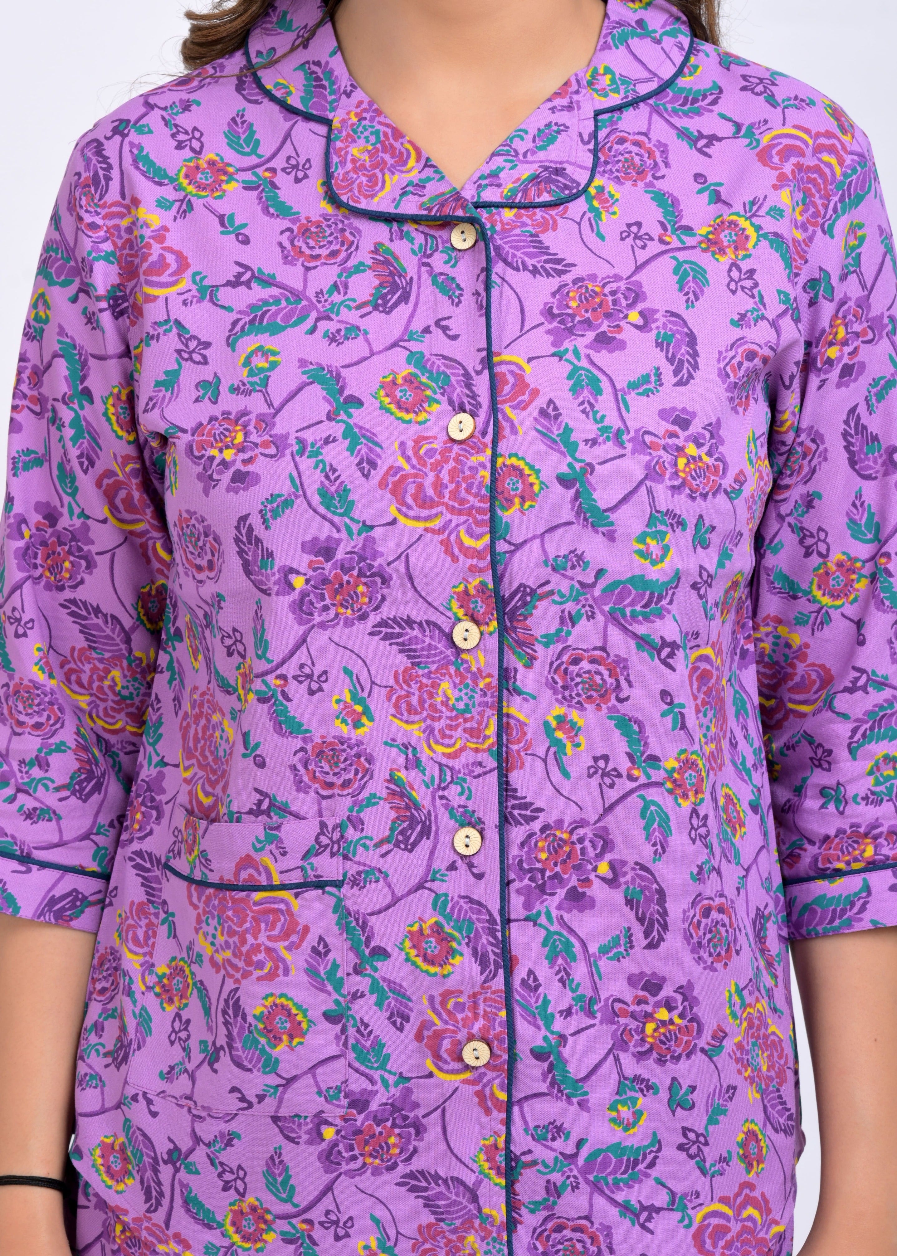 Purple Floral Button Down Shirt & Pyjama Set For Women - Viscose