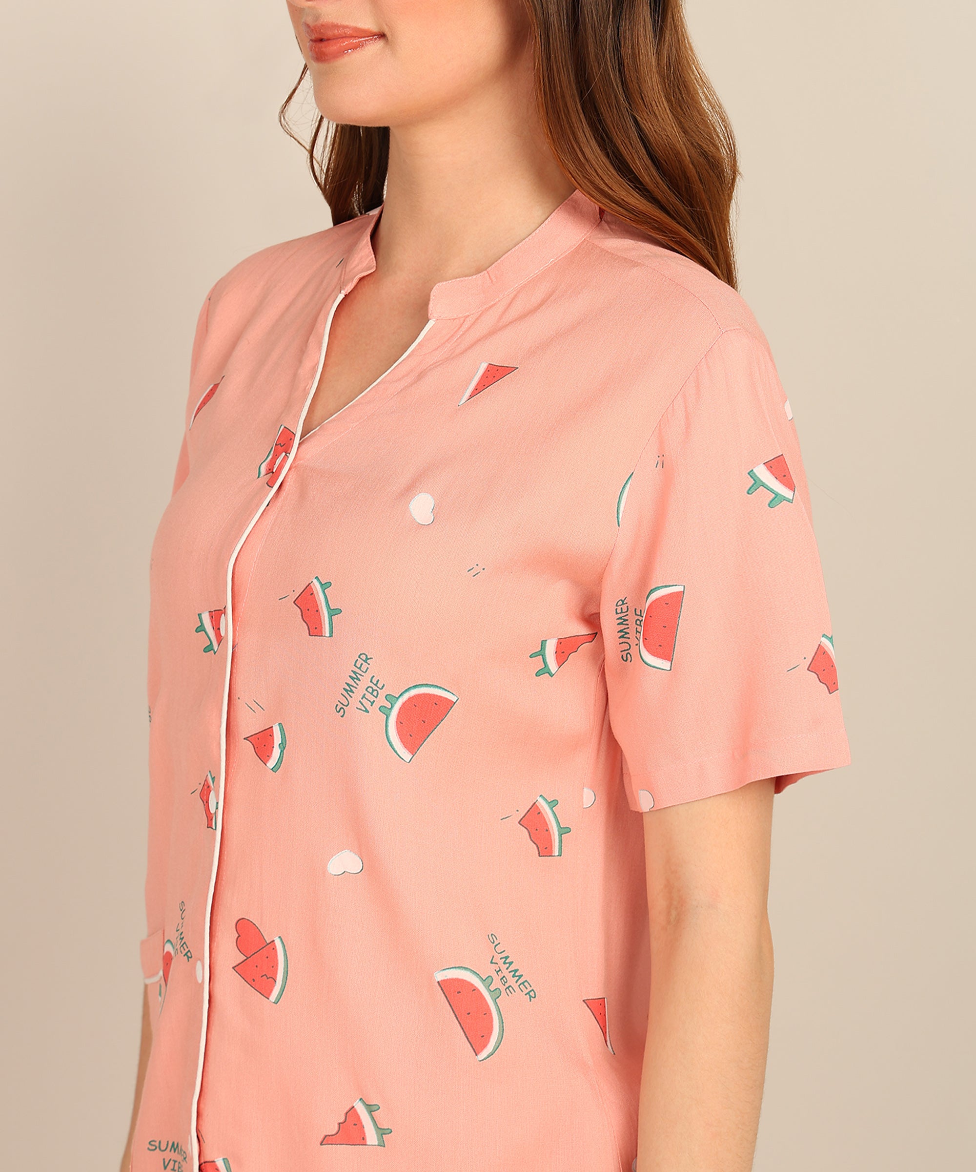 Peach Printed Button Down Shirt & Pyjama Set For Women - Viscose