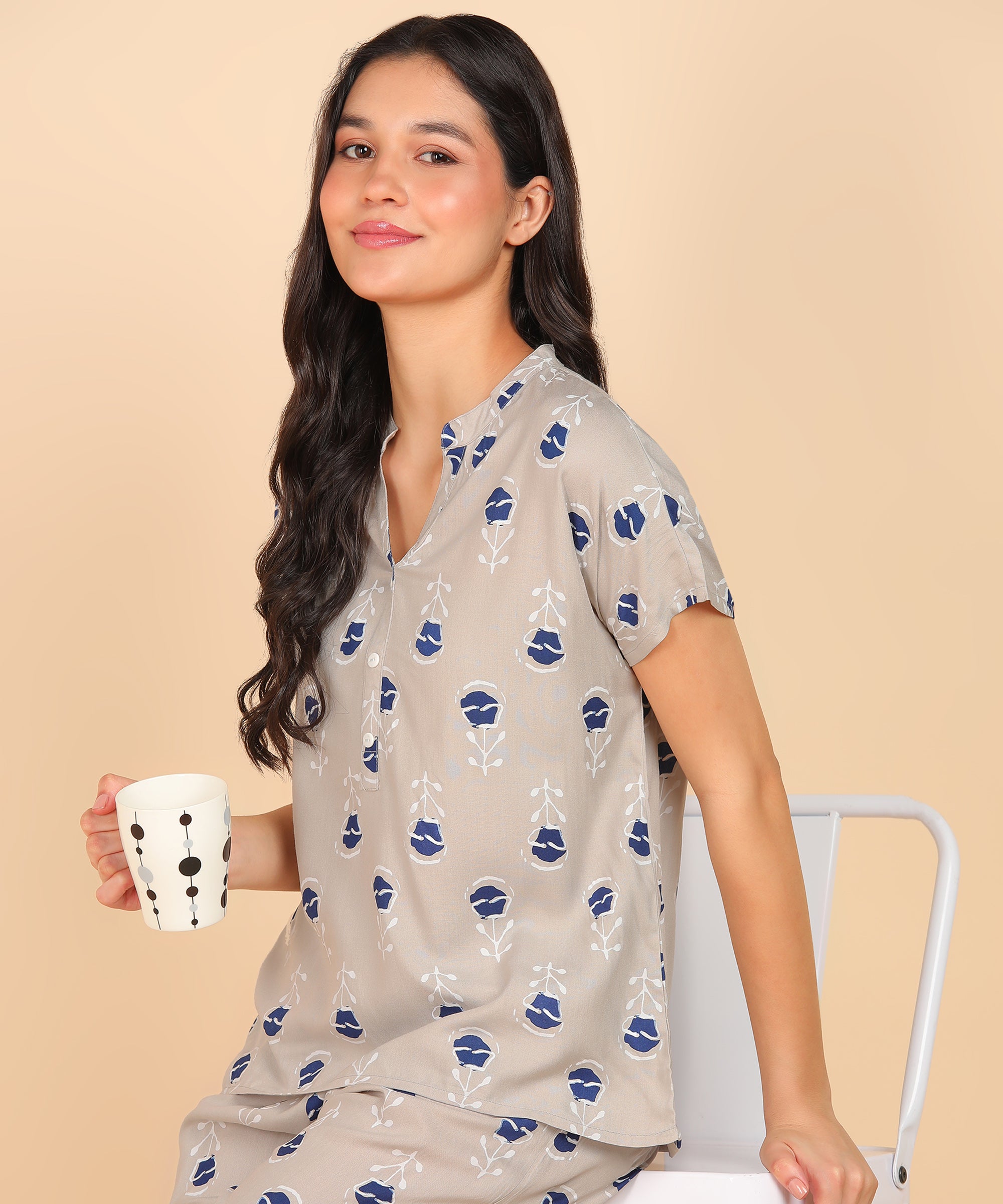 Grey Floral Pattern Button Down Top & Pyjama Set For Women - Viscose