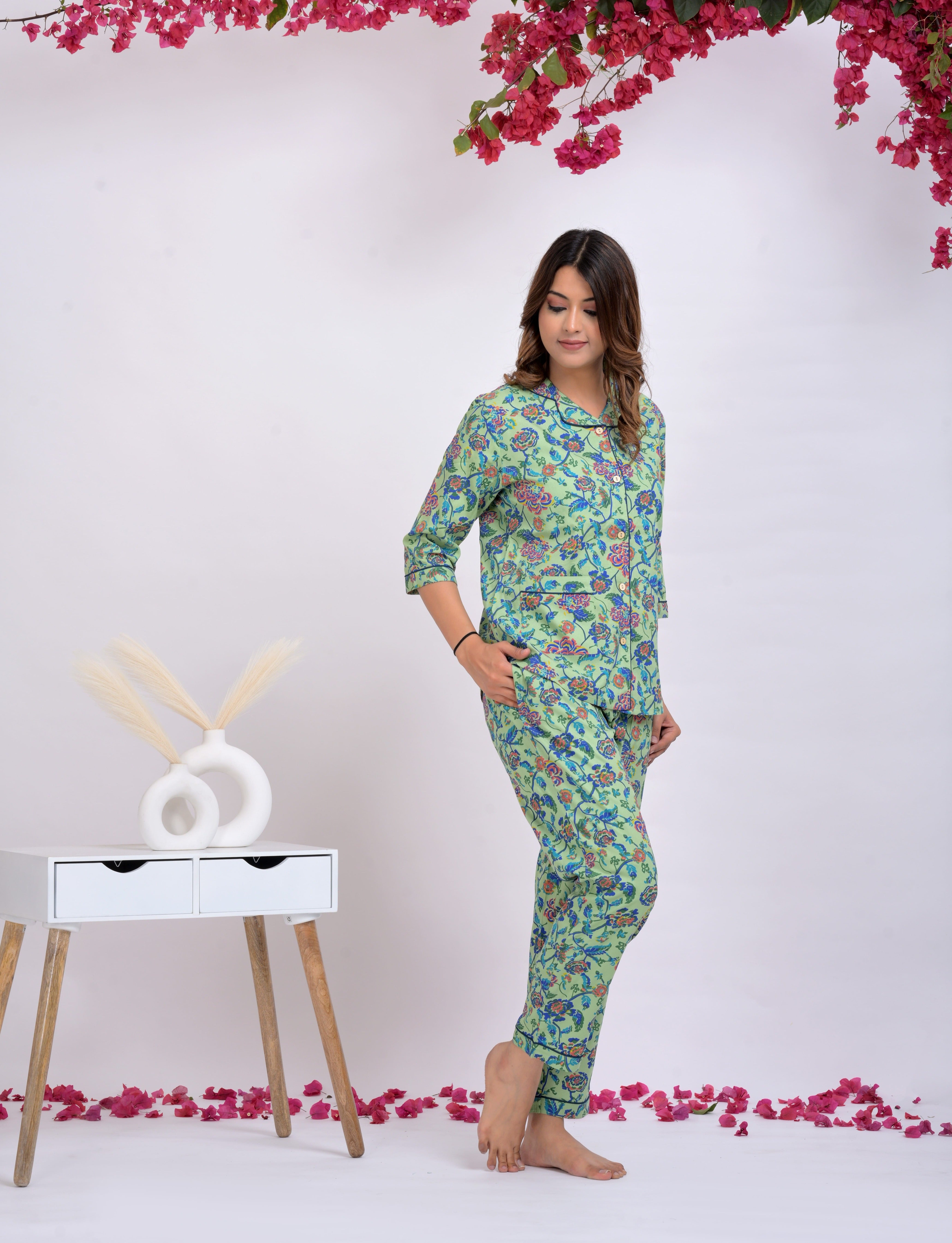 Green Floral Button Down Shirt & Pyjama Set For Women - Viscose