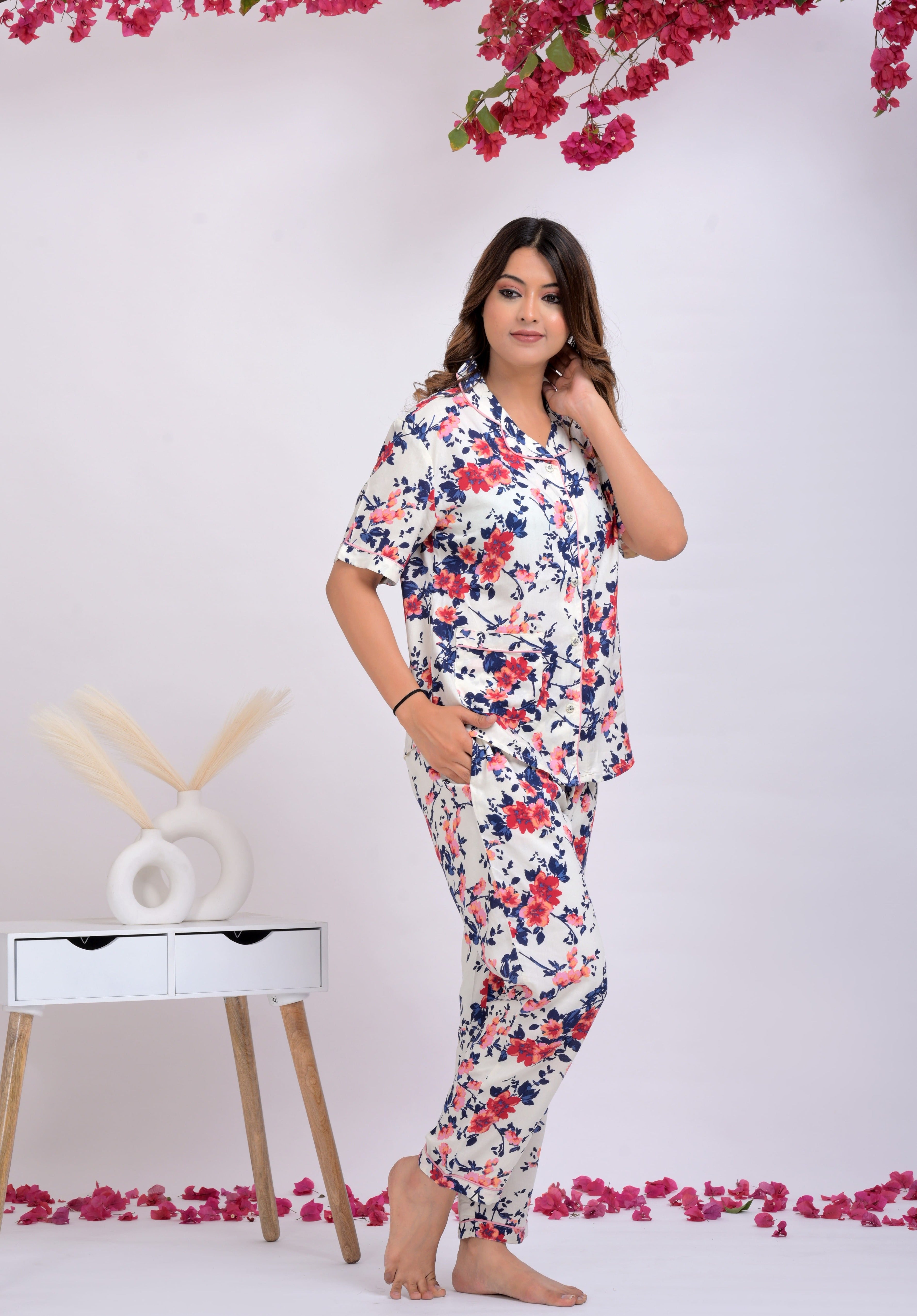 Off White Floral Printed Button Down Shirt & Pyjama Set For Women - Viscose