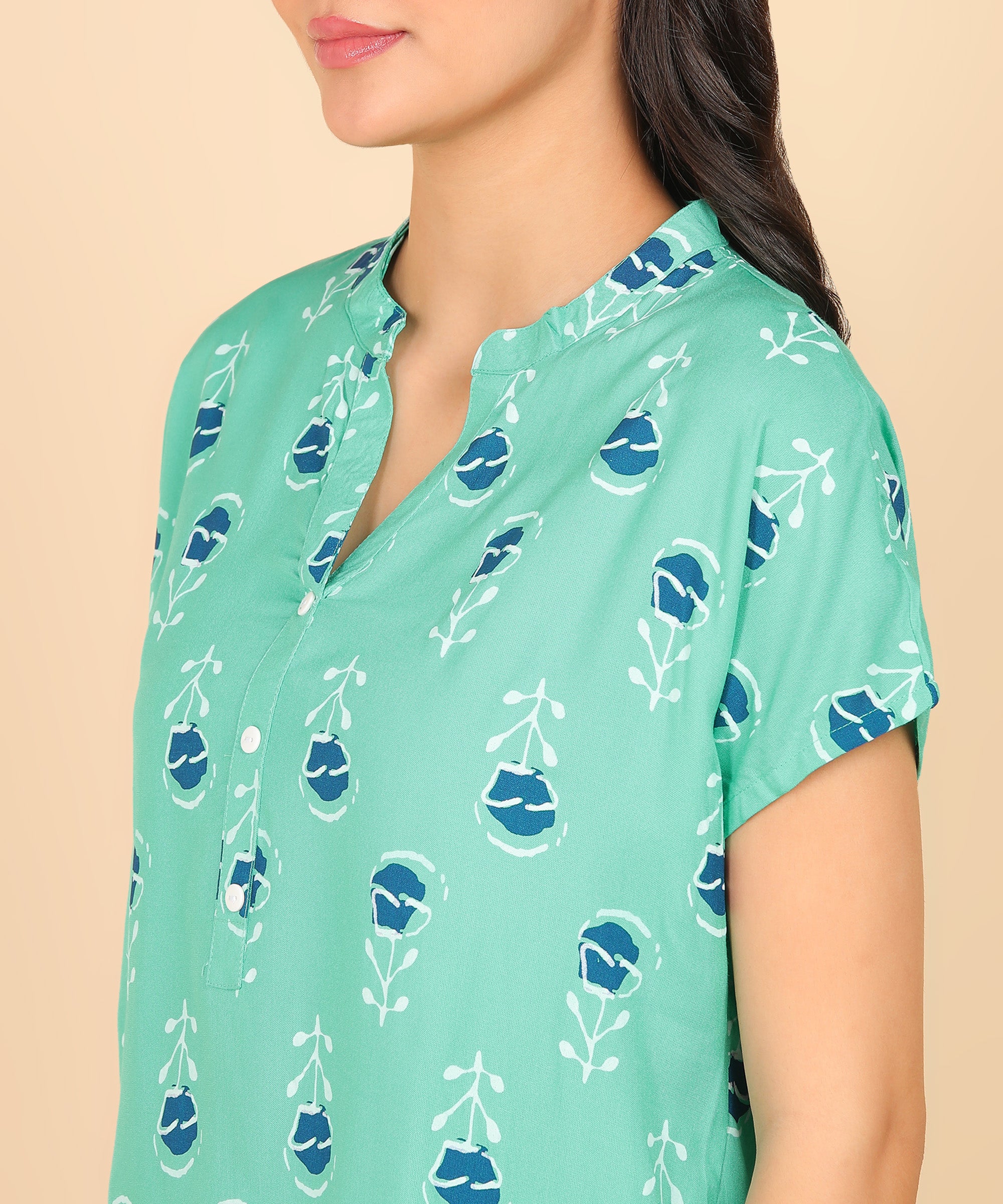 Blue Floral Pattern Button Down Top & Pyjama Set For Women - Viscose