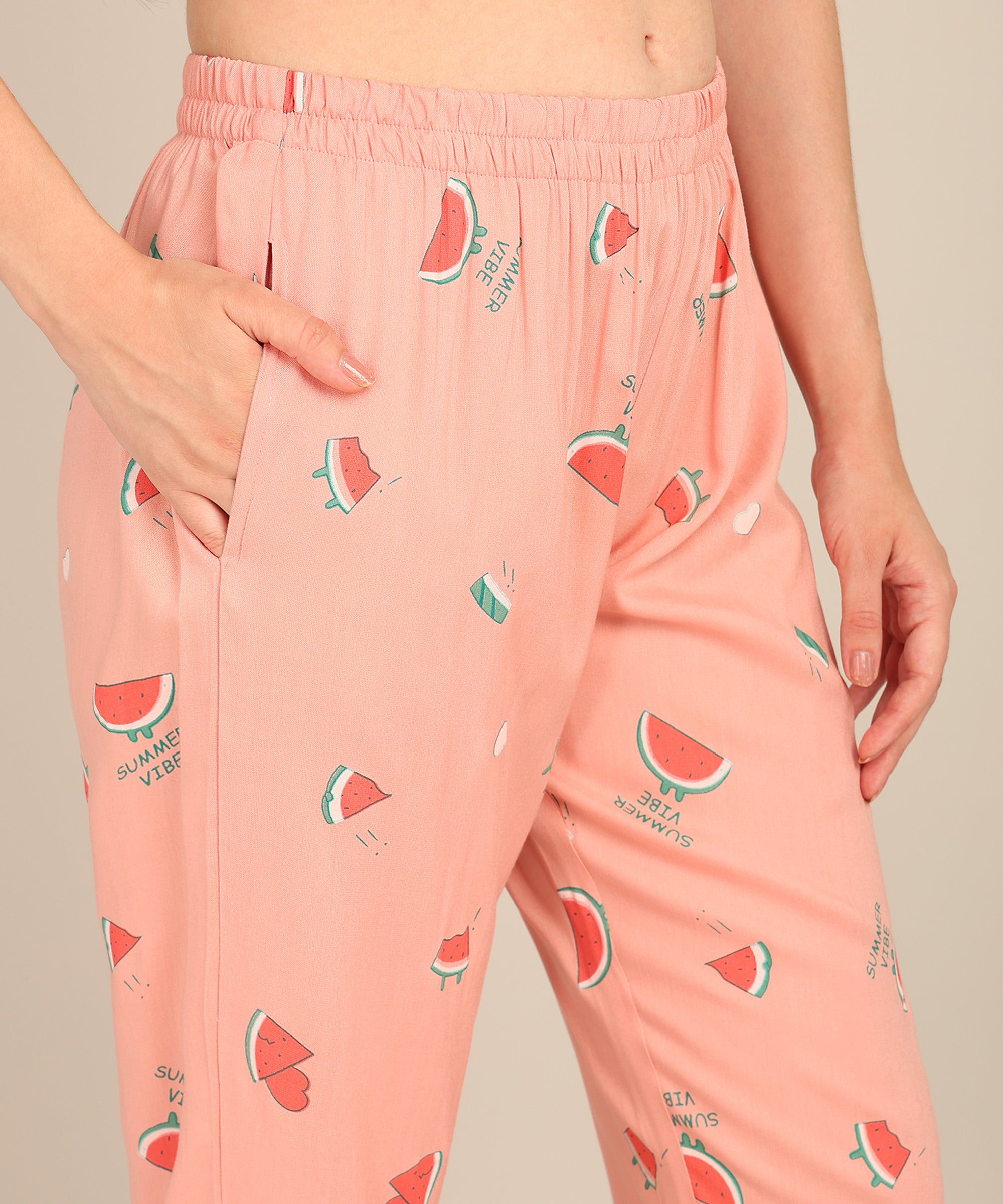 Peach Printed Button Down Shirt & Pyjama Set For Women - Viscose