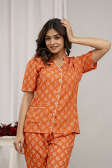 Half Sleeves Orange Women Night Suit