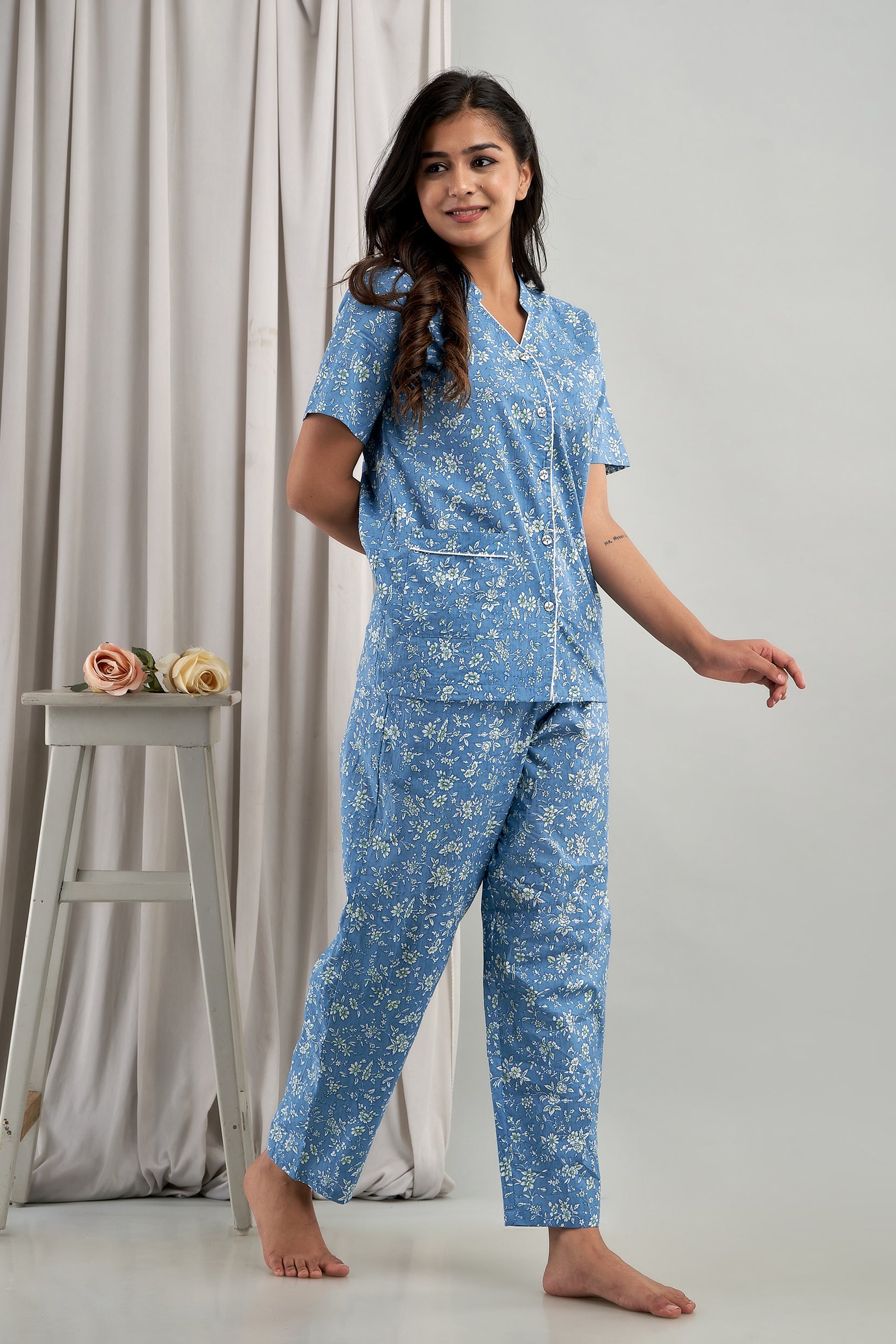 Half Sleeve Blue Women Night Suit