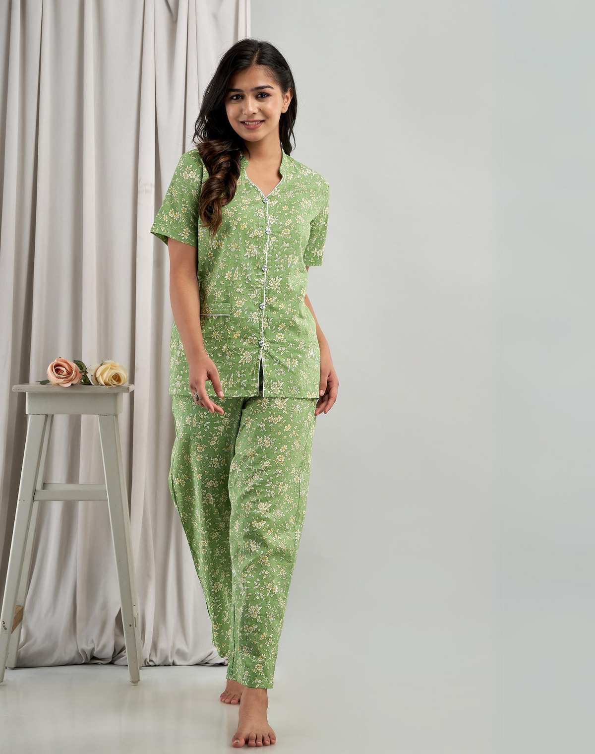 Half Sleeve Green Women Night Suit