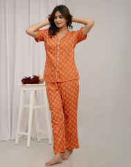 Half Sleeves Orange Women Night Suit