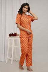 Half Sleeves Orange Women Night Suit