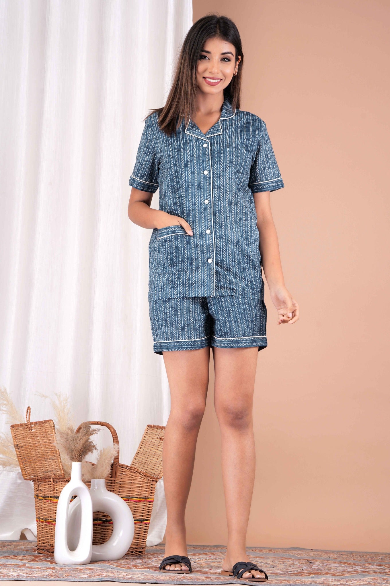 Half Sleeves Shirt & Short Set in Blue  - Viscose