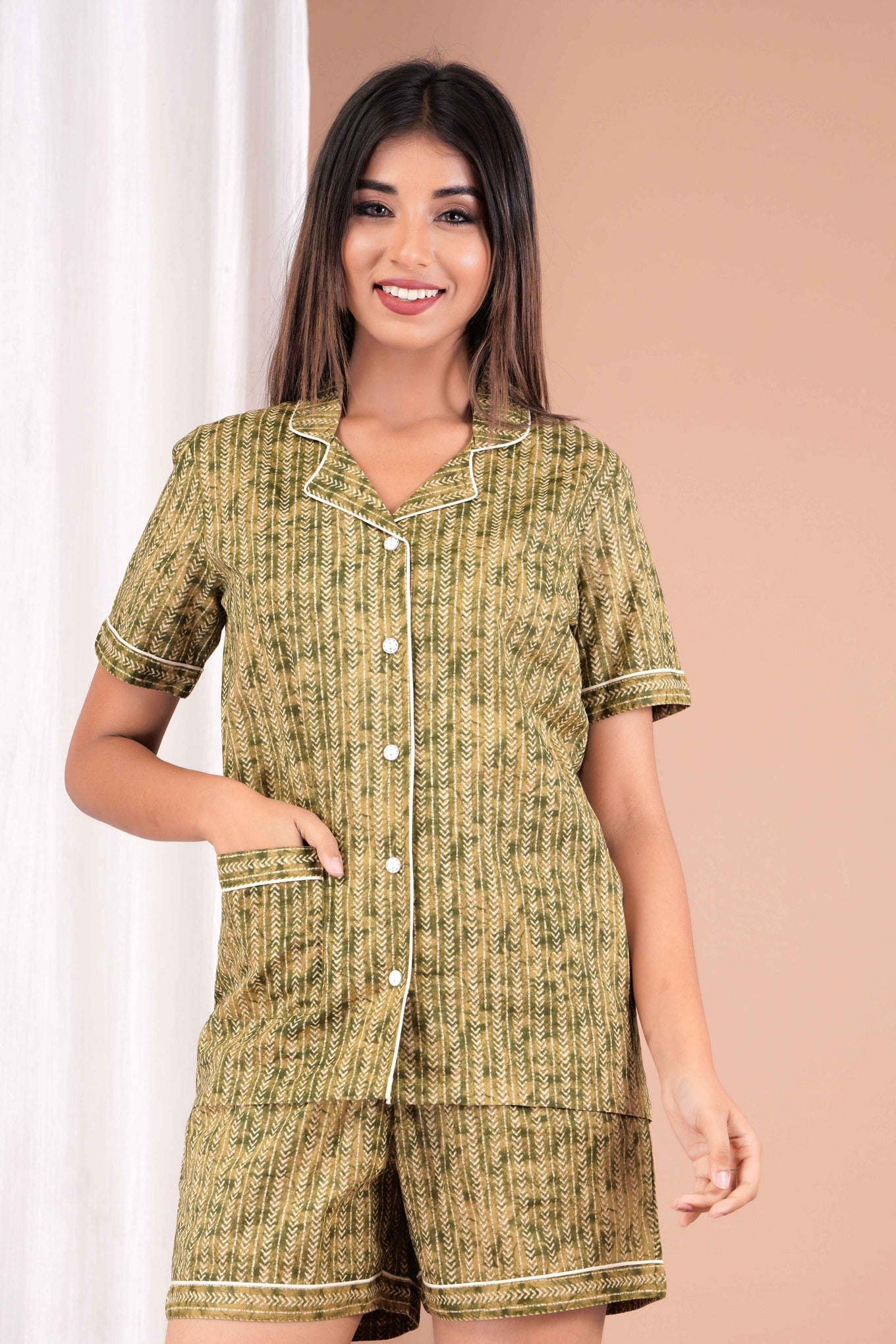 Half Sleeves Shirt & Short Set in Green  - Viscose