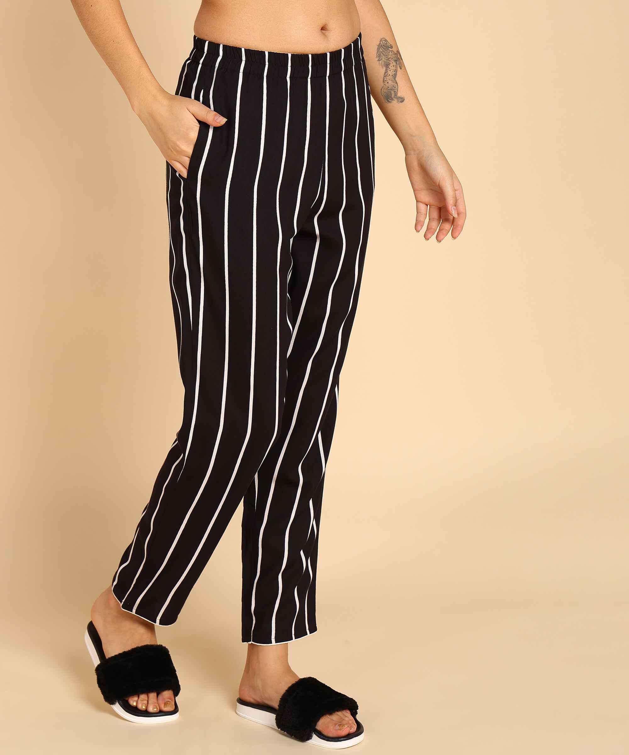 Black Strip Pattern Night Suit For Women