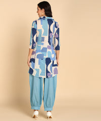 Blue Block Pattern Printed Long Cord Set For Women - Viscose