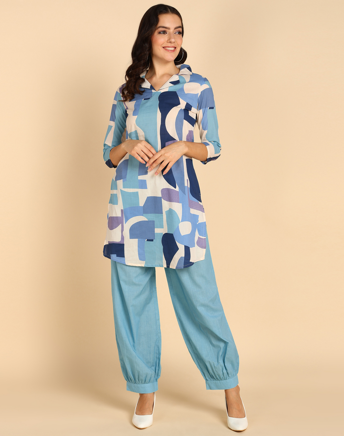 Blue Block Pattern Printed Long Cord Set For Women - Viscose