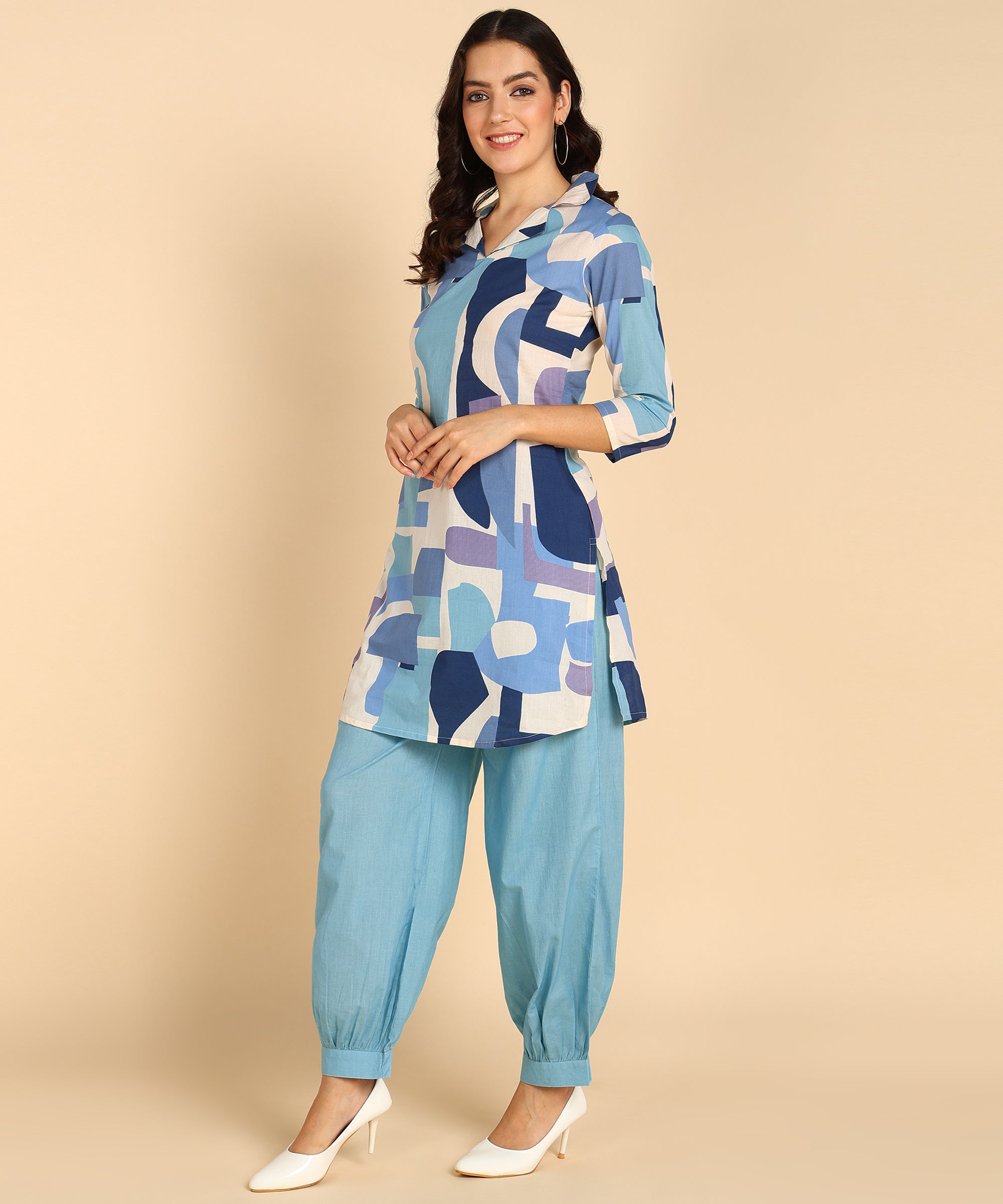 Blue Block Pattern Printed Long Cord Set For Women - Viscose