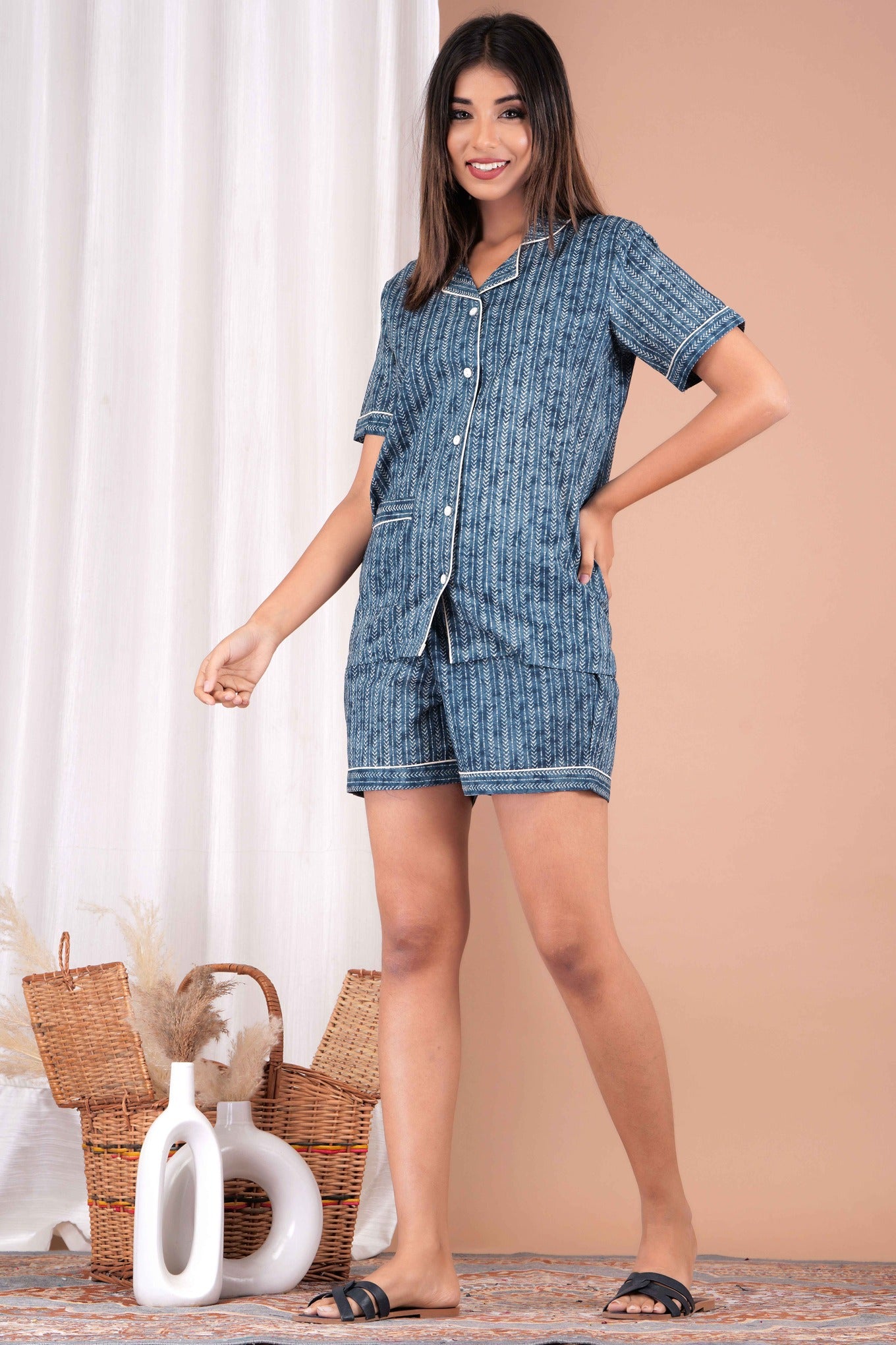 Half Sleeves Shirt & Short Set in Blue  - Viscose