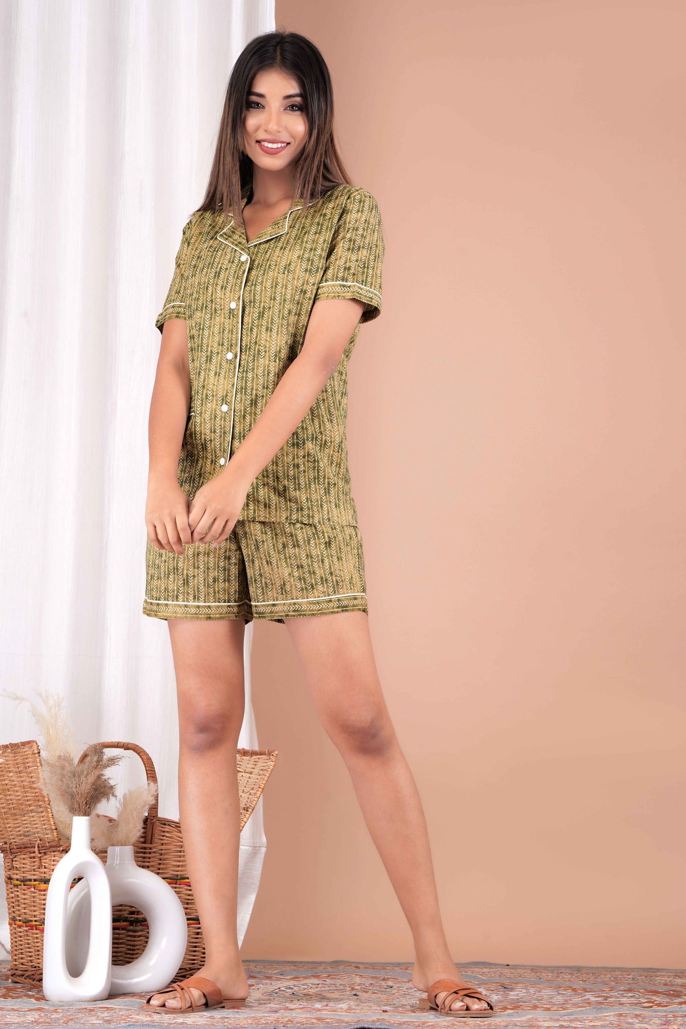 Half Sleeves Shirt & Short Set in Green  - Viscose